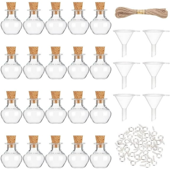 DIY Shape Wish Bottle Pendant Decorations Making Kit Including Glass Empty Wishing Bottles with Cork & Iron Peg Bails Mini Plastic Funnel Hopper Jute Cord Clear 21x18mm