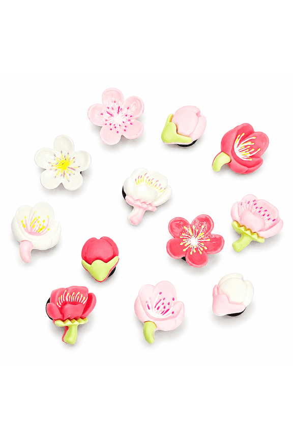DIY Shoe Charms Set, Pink Cherry Blossom 12-Piece Resin Jibbitz Decoration for Clogs Sandals, Cute 3D Flower Shoe Accessory for Women Girls