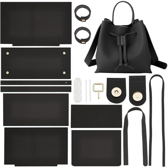 DIY Shoulder Bag Making Kits Imitation Leather Handmade Drawstring Bucket Bag Making All Materials Hand Sewing Handbag Making Set for Craft Lovers Gifts 9.1x5.1x8.6 Inch Black Black DIY