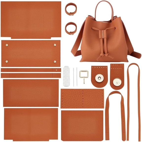 DIY Shoulder Bag Making Kits Imitation Leather Handmade Drawstring Bucket Bag Making All Materials Hand Sewing Handbag Making Set for Craft Lovers Gifts 9.1x5.1x8.6 Inch Brown Saddle Brown