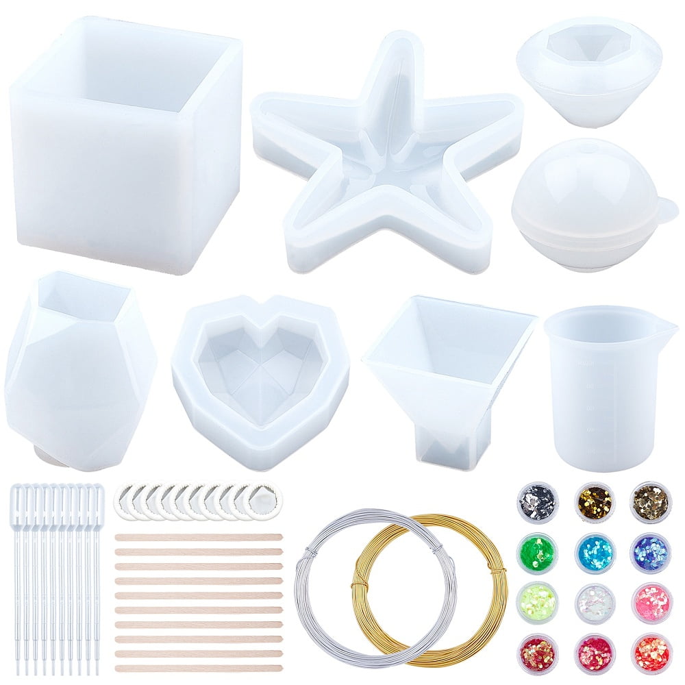 DIY Silicone Molds Resin Casting Molds with Aluminum Wire Birch Wooden Craft Ice Cream Sticks and Nail Art Sequins/Paillette White 7pcs/set