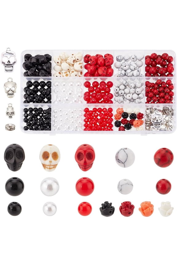 DIY Skull Theme Making Finding Kit Including Synthetic Turquoise & ABS Plastic Imitation Pearl & Acrylic & Resin & Beads Alloy Spacer Beads & Pendants Mixed Color 387Pcs/box