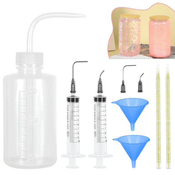 DIY Snow Globe Kit 11pcs Snow Globe Tumbler Supplies, Plastic Squeeze Bottle, Funnel, Curved Syringe for DIY Glitter Snow Globe Craft