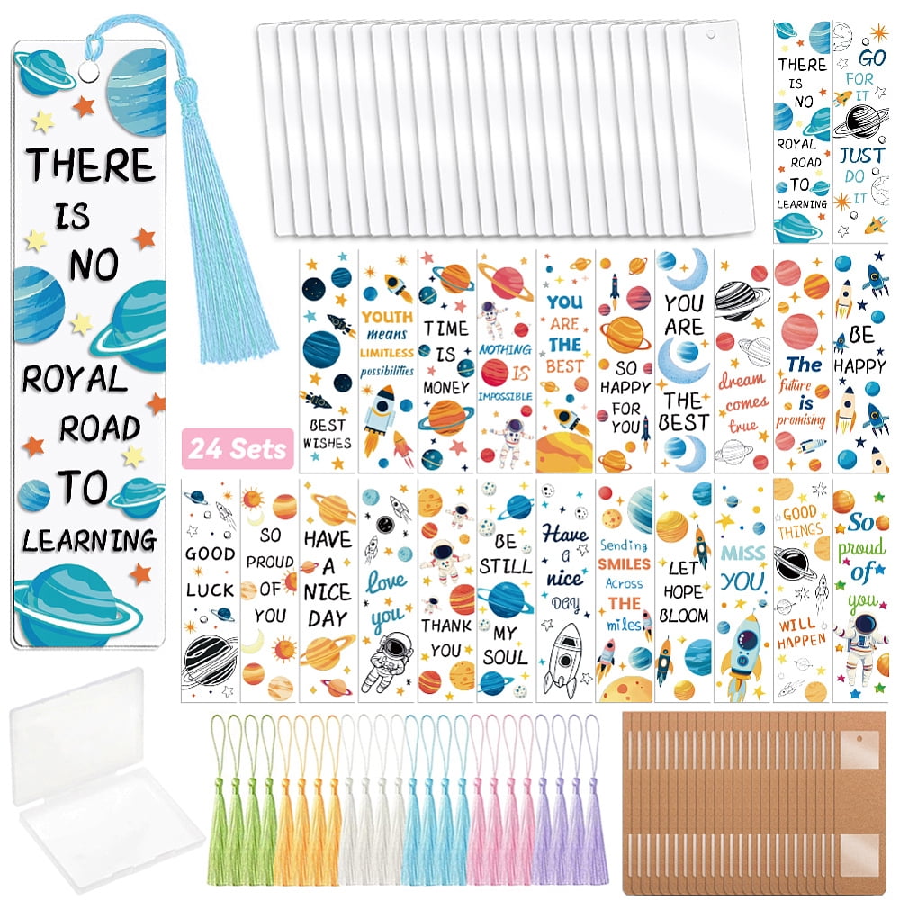 DIY Space Theme Mixed Pattern Paper Bookmarks Making Kits with Plastic Stickers Acrylic Bookmark Polyester Tassel Mixed Color for DIY