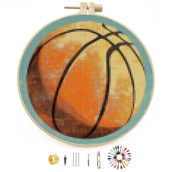 DIY Stamped Cross Stitch Kits Basketball Easy for Beginners with Hoop 11CT Counted Embroidery Needlepoint Crafts Arts for Handmade Enthusiasts and Home Decor 30x30cm(3)