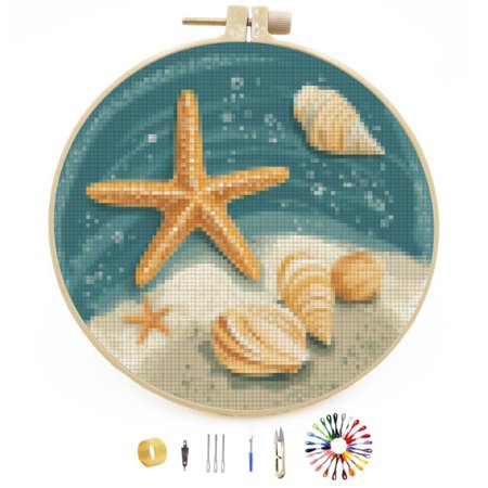DIY Stamped Cross Stitch Kits Beach Starfish and Shells Easy for Beginners with Hoop 11CT Counted Embroidery Needlepoint Crafts Arts for Handmade Enthusiasts and Home Decor 30x30cm(3)