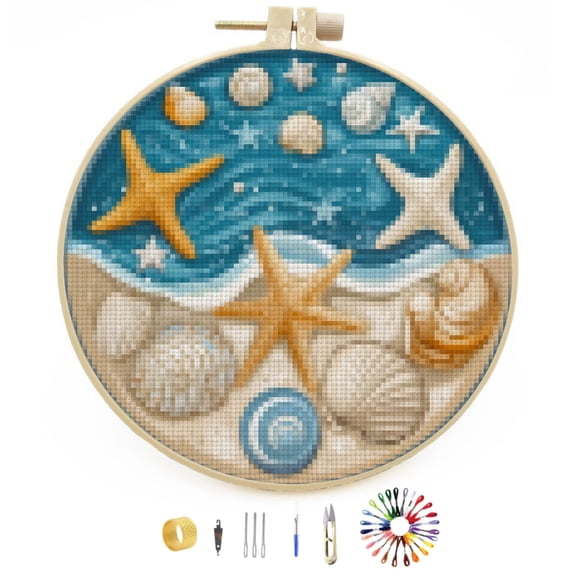 DIY Stamped Cross Stitch Kits Beach Starfish and Shells Easy for Beginners with Hoop 11CT Counted Embroidery Needlepoint Crafts Arts for Handmade Enthusiasts and Home Decor 30x30cm(2)