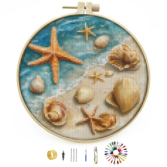 DIY Stamped Cross Stitch Kits Beach Starfish and Shells Easy for Beginners with Hoop 11CT Counted Embroidery Needlepoint Crafts Arts for Handmade Enthusiasts and Home Decor 30x30cm(4)