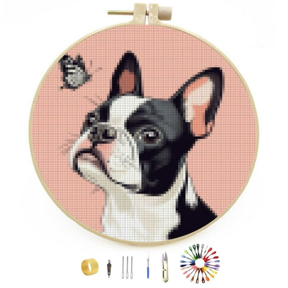 DIY Stamped Cross Stitch Kits Boston Terrier Dog and Butterfly Easy for Beginners with Hoop 11CT Counted Embroidery Needlepoint Crafts Arts for Handmade Enthusiasts and Home Decor 30x30cm(1)