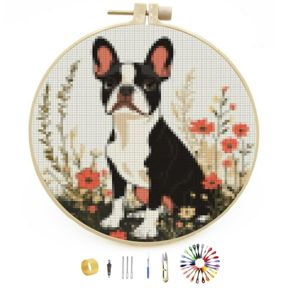 DIY Stamped Cross Stitch Kits Boston Terrier Dog and Flowers Easy for Beginners with Hoop 11CT Counted Embroidery Needlepoint Crafts Arts for Handmade Enthusiasts and Home Decor 30x30cm(2)