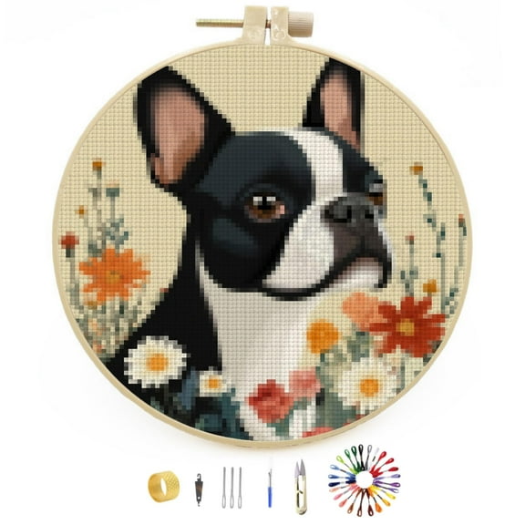 DIY Stamped Cross Stitch Kits Boston Terrier Dog and Flowers Easy for Beginners with Hoop 11CT Counted Embroidery Needlepoint Crafts Arts for Handmade Enthusiasts and Home Decor 30x30cm(3)