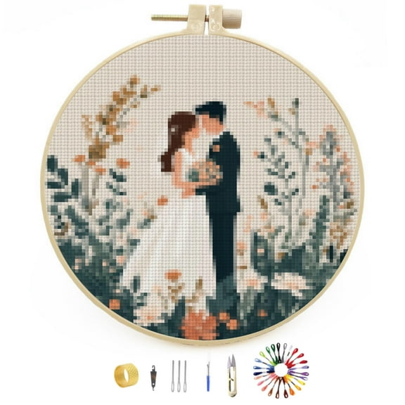 DIY Stamped Cross Stitch Kits Bride and Groom Surrounded by Flowers Easy for Beginners with Hoop 11CT Counted Embroidery Needlepoint Crafts Arts for Handmade Enthusiasts and Home Decor 30x30cm(4)