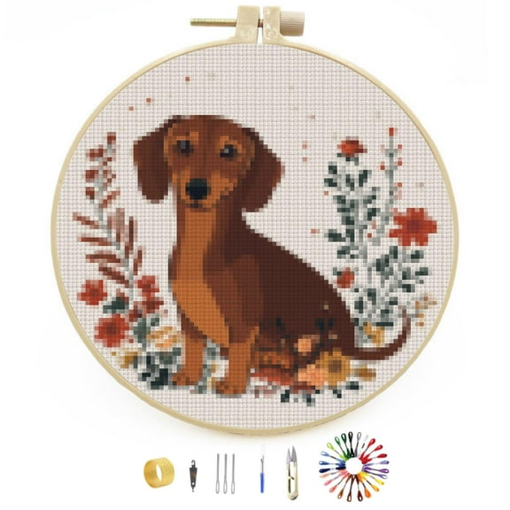 DIY Stamped Cross Stitch Kits Brown Dachshund Dog and Flowers Easy for Beginners with Hoop 11CT Counted Embroidery Needlepoint Crafts Arts for Handmade Enthusiasts and Home Decor 30x30cm(5)