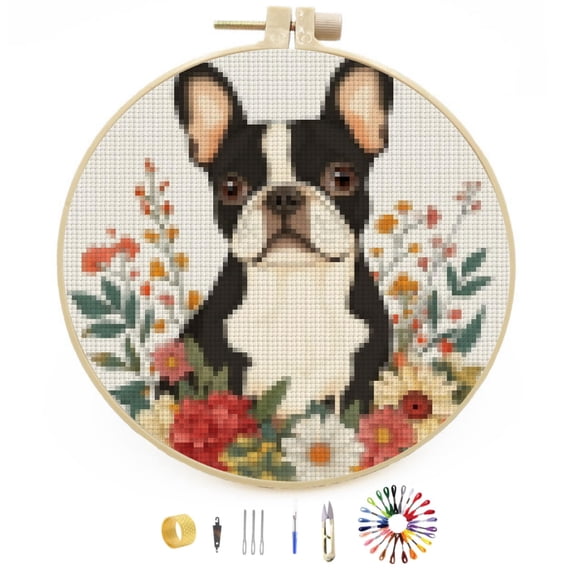DIY Stamped Cross Stitch Kits Cartoon Boston Terrier Dog and Flower Easy for Beginners with Hoop 11CT Counted Embroidery Needlepoint Crafts Arts for Handmade Enthusiasts and Home Decor 30x30cm(1)