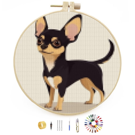 DIY Stamped Cross Stitch Kits Cartoon Chihuahua Dog Easy for Beginners with Hoop 11CT Counted Embroidery Needlepoint Crafts Arts for Handmade Enthusiasts and Home Decor 30x30cm(2)