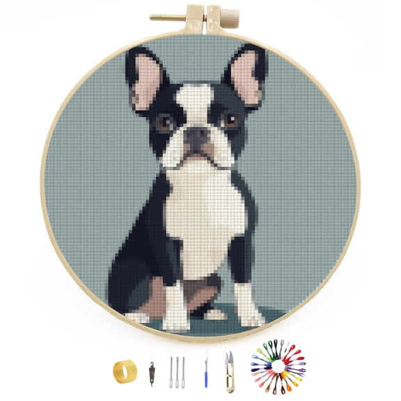 DIY Stamped Cross Stitch Kits Cartoon Colorful Boston Terrier Dog Easy for Beginners with Hoop 11CT Counted Embroidery Needlepoint Crafts Arts for Handmade Enthusiasts and Home Decor 30x30cm(2)