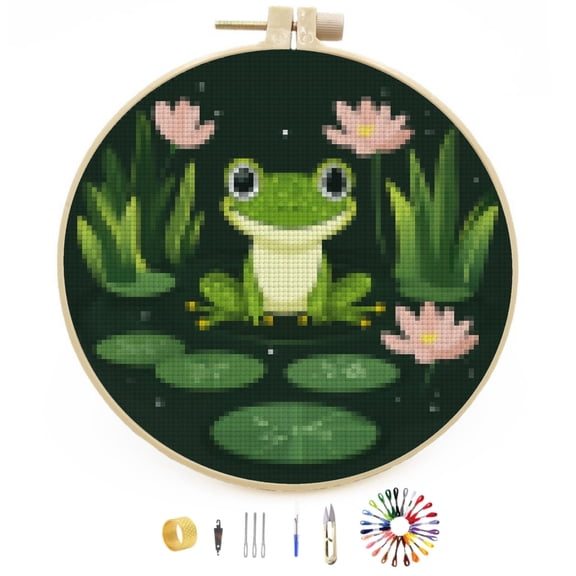 DIY Stamped Cross Stitch Kits Cartoon Little Cute Green Frog in Pond Easy for Beginners with Hoop 11CT Counted Embroidery Needlepoint Crafts Arts for Handmade Enthusiasts and Home Decor 30x30cm(2)