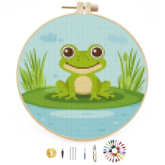 DIY Stamped Cross Stitch Kits Cartoon Little Cute Green Frog in Pond Easy for Beginners with Hoop 11CT Counted Embroidery Needlepoint Crafts Arts for Handmade Enthusiasts and Home Decor 30x30cm(1)