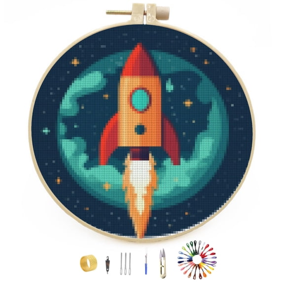 DIY Stamped Cross Stitch Kits Cartoon Rocket Fire to Space Easy for Beginners with Hoop 11CT Counted Embroidery Needlepoint Crafts Arts for Handmade Enthusiasts and Home Decor 30x30cm(1)