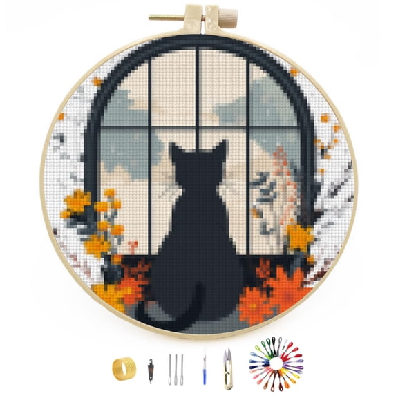 DIY Stamped Cross Stitch Kits Cartoon Window Cat Back and Flowers Easy for Beginners with Hoop 11CT Counted Embroidery Needlepoint Crafts Arts for Handmade Enthusiasts and Home Decor 30x30cm(3)