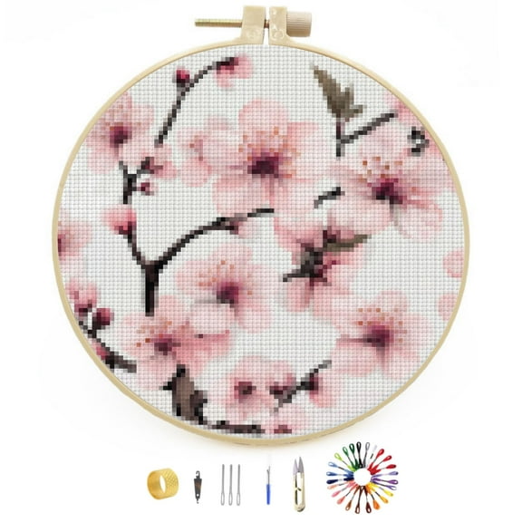 DIY Stamped Cross Stitch Kits Cherry Blossom Flowers Easy for Beginners with Hoop 11CT Counted Embroidery Needlepoint Crafts Arts for Handmade Enthusiasts and Home Decor 30x30cm(1)