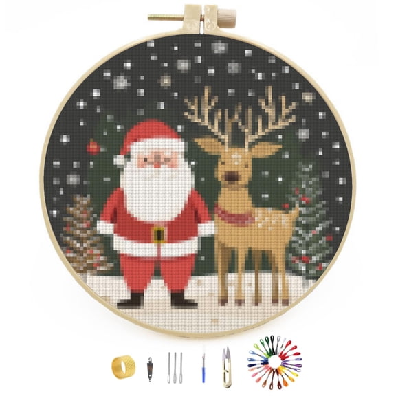 DIY Stamped Cross Stitch Kits Christmas Santa and Reindeer Easy for Beginners with Hoop 11CT Counted Embroidery Needlepoint Crafts Arts for Handmade Enthusiasts and Home Decor 30x30cm(2)