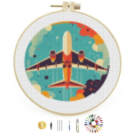 DIY Stamped Cross Stitch Kits Colorful Airplane Easy for Beginners with Hoop 11CT Counted Embroidery Needlepoint Crafts Arts for Handmade Enthusiasts and Home Decor 30x30cm(1)