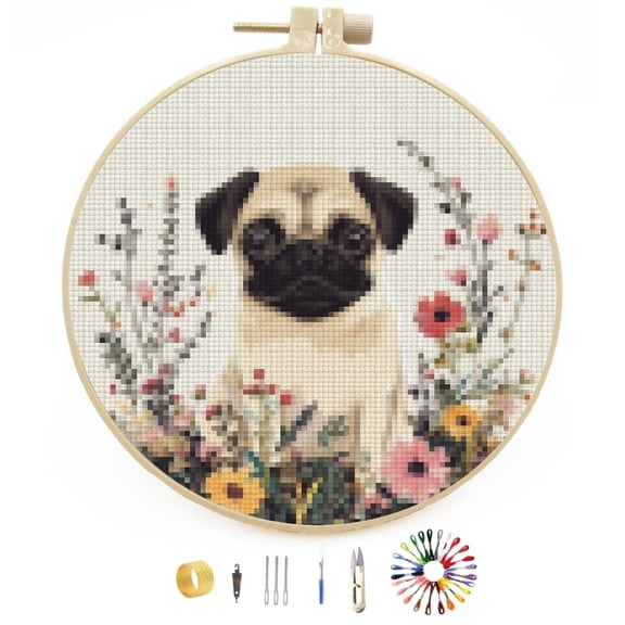 DIY Stamped Cross Stitch Kits Cute Pug Dog in Color Flowers Easy for Beginners with Hoop 11CT Counted Embroidery Needlepoint Crafts Arts for Handmade Enthusiasts and Home Decor 30x30cm(7)