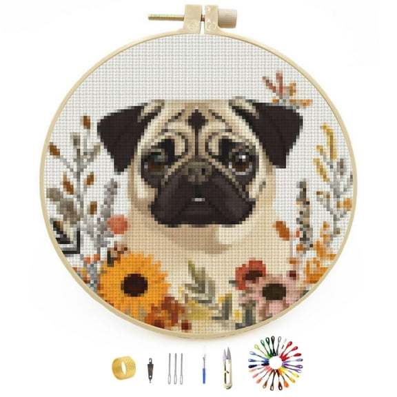 DIY Stamped Cross Stitch Kits Cute Pug Dog in Color Flowers Easy for Beginners with Hoop 11CT Counted Embroidery Needlepoint Crafts Arts for Handmade Enthusiasts and Home Decor 30x30cm(4)