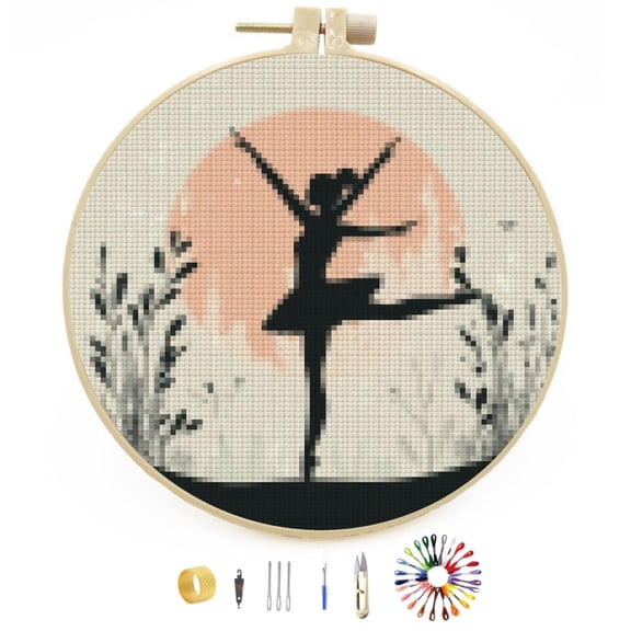 DIY Stamped Cross Stitch Kits Dancing Ballerina Girl Easy for Beginners with Hoop 11CT Counted Embroidery Needlepoint Crafts Arts for Handmade Enthusiasts and Home Decor 30x30cm(4)