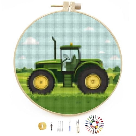 DIY Stamped Cross Stitch Kits Farm Green Tractor Easy for Beginners with Hoop 11CT Counted Embroidery Needlepoint Crafts Arts for Handmade Enthusiasts and Home Decor 30x30cm(1)