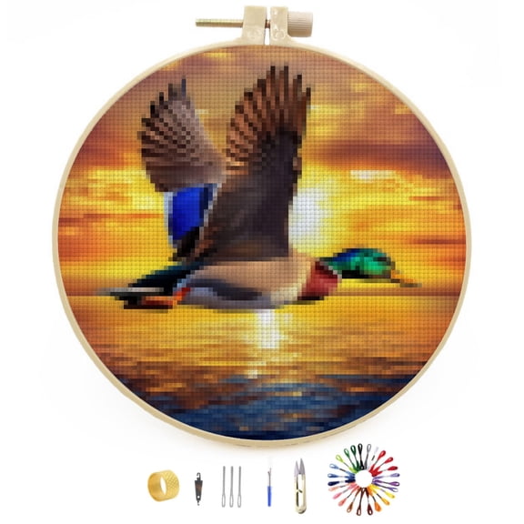 DIY Stamped Cross Stitch Kits Flying Mallard under Sunset Easy for Beginners with Hoop 11CT Counted Embroidery Needlepoint Crafts Arts for Handmade Enthusiasts and Home Decor 30x30cm(2)