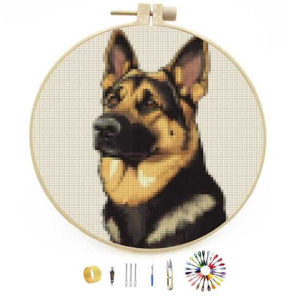 DIY Stamped Cross Stitch Kits German Shepherd Dog Easy for Beginners with Hoop 11CT Counted Embroidery Needlepoint Crafts Arts for Handmade Enthusiasts and Home Decor 30x30cm(2)