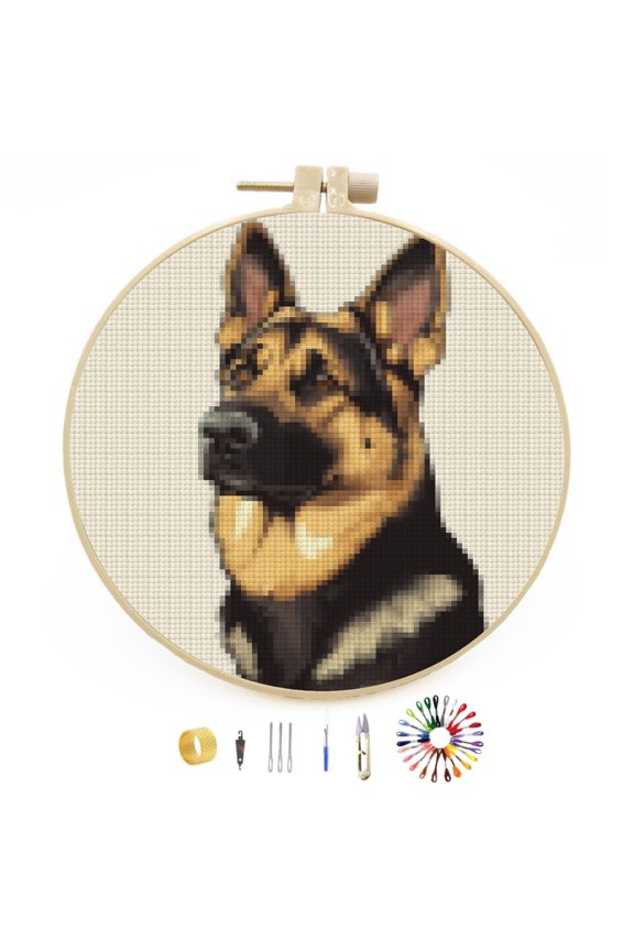 DIY Stamped Cross Stitch Kits German Shepherd Dog Easy for Beginners with Hoop 11CT Counted Embroidery Needlepoint Crafts Arts for Handmade Enthusiasts and Home Decor 30x30cm(2)