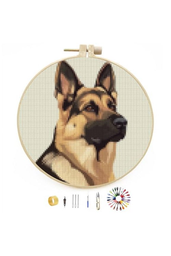 DIY Stamped Cross Stitch Kits German Shepherd Dog Easy for Beginners with Hoop 11CT Counted Embroidery Needlepoint Crafts Arts for Handmade Enthusiasts and Home Decor 30x30cm(1)