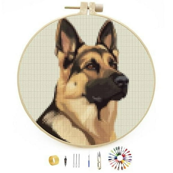 DIY Stamped Cross Stitch Kits German Shepherd Dog Easy for Beginners with Hoop 11CT Counted Embroidery Needlepoint Crafts Arts for Handmade Enthusiasts and Home Decor 30x30cm(1)