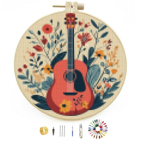 DIY Stamped Cross Stitch Kits Guitar and Music Notation Surrouded by Flowers Easy for Beginners with Hoop 11CT Counted Embroidery Needlepoint Crafts Arts Home Decor 30x30cm(3)