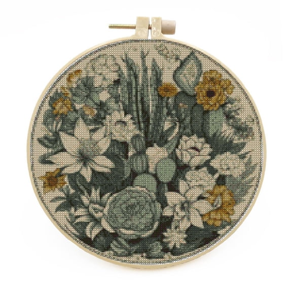 DIY Stamped Cross Stitch Kits with Hoop Retro Cactus Flower for Beginners Easy 11CT Needlepoint Embroidery Counted Cross Stitch Kits Art Craft Wall Decoration and Gift 33x33cm(1)