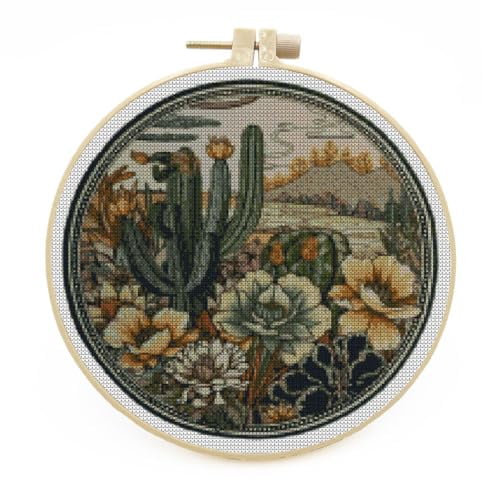 DIY Stamped Cross Stitch Kits with Hoop Retro Cactus Flower for Beginners Easy 11CT Needlepoint Embroidery Counted Cross Stitch Kits Art Craft Wall Decoration and Gift 33x33cm(3)