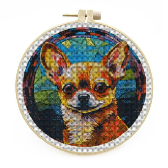 DIY Stamped Cross Stitch Kits with Hoop Stained Glass Chihuahua Dog for Beginners Easy 11CT Needlepoint Embroidery Counted Cross Stitch Kits Art Craft Wall Decoration and Gift 33x33cm