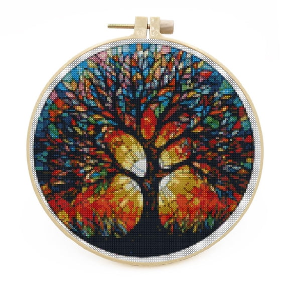 DIY Stamped Cross Stitch Kits with Hoop Stained Glass Colorful Tree for Beginners Easy 11CT Needlepoint Embroidery Counted Cross Stitch Kits Art Craft Wall Decoration and Gift 33x33cm(1)
