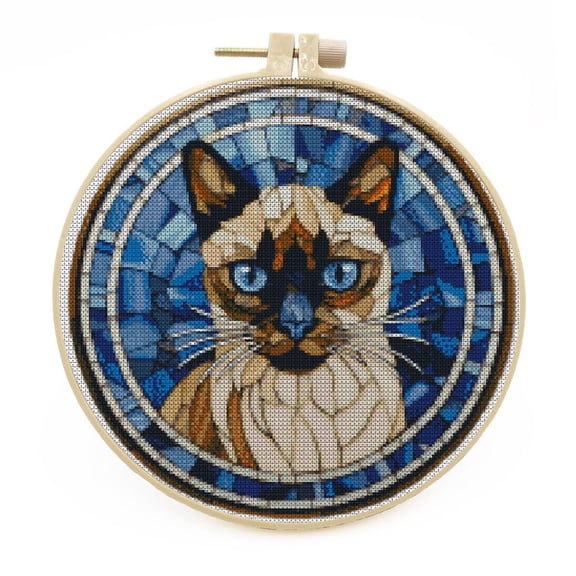 DIY Stamped Cross Stitch Kits with Hoop Stained Glass Dongchini Cat for Beginners Easy 11CT Needlepoint Embroidery Counted Cross Stitch Kits Art Craft Wall Decoration and Gift 33x33cm