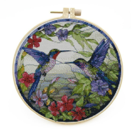 DIY Stamped Cross Stitch Kits with Hoop Stained Glass Hummingbird and Flower for Beginners Easy 11CT Needlepoint Embroidery Counted Cross Stitch Kits Art Craft Wall Decoration and Gift 33x33cm