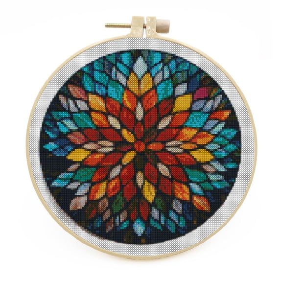 DIY Stamped Cross Stitch Kits with Hoop Stained Glass Mandala Flower for Beginners Easy 11CT Needlepoint Embroidery Counted Cross Stitch Kits Art Craft Wall Decoration and Gift 33x33cm(1)