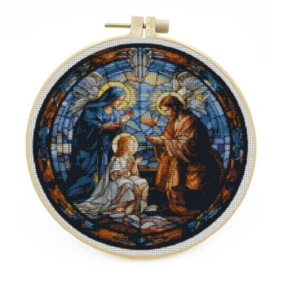 DIY Stamped Cross Stitch Kits with Hoop Stained Glass Nativity Jesus Family for Beginners Easy 11CT Needlepoint Embroidery Counted Cross Stitch Kits Art Craft Wall Decoration 33x33cm
