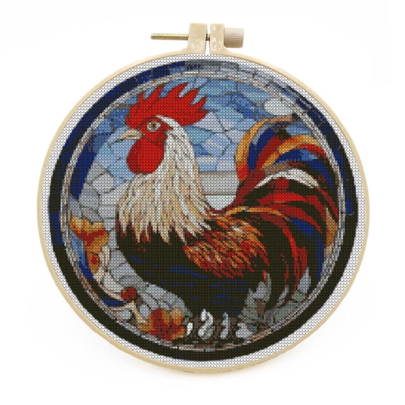 DIY Stamped Cross Stitch Kits with Hoop Stained Glass Rooster Cock for Beginners Easy 11CT Needlepoint Embroidery Counted Cross Stitch Kits Art Craft Wall Decoration and Gift 33x33cm