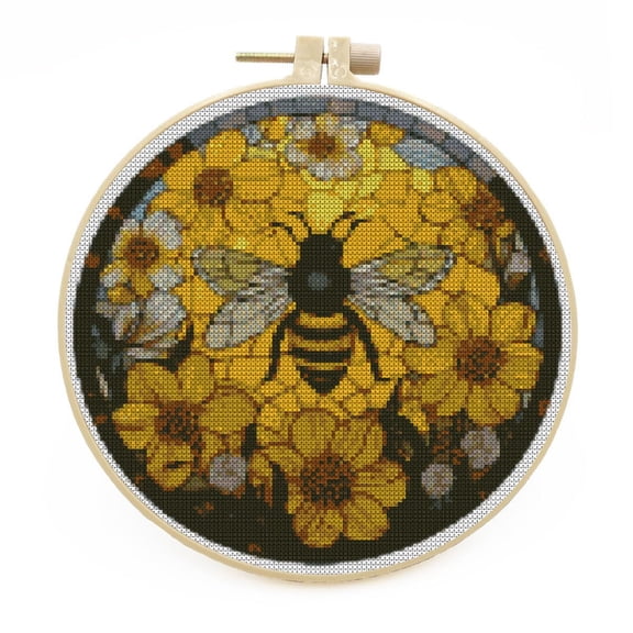 DIY Stamped Cross Stitch Kits with Hoop Stained Glass Yellow Bee Flowers for Beginners Easy 11CT Needlepoint Embroidery Counted Cross Stitch Kits Art Craft Wall Decoration and Gift 33x33cm