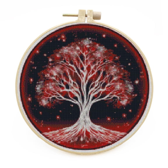DIY Stamped Cross Stitch Kits with Hoop White Silver Red Tree for Beginners Easy 11CT Needlepoint Embroidery Counted Cross Stitch Kits Art Craft Wall Decoration and Gift 33x33cm