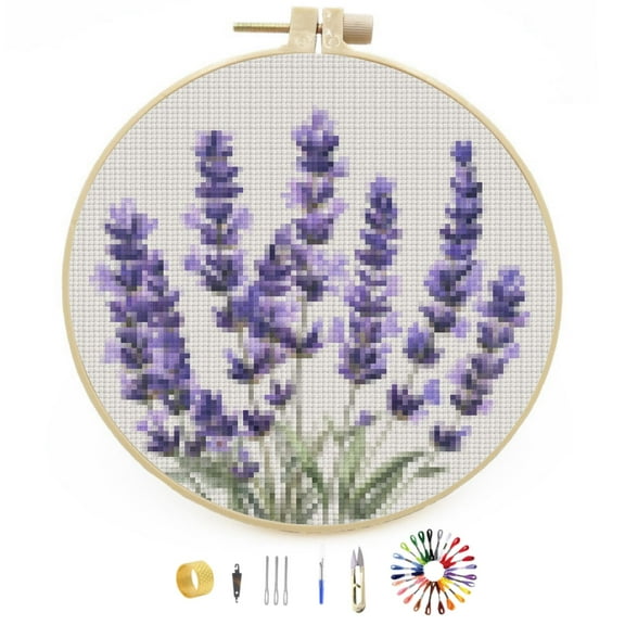 DIY Stamped Cross Stitch Kits Lavender Flower Easy for Beginners with Hoop 11CT Counted Embroidery Needlepoint Crafts Arts for Handmade Enthusiasts and Home Decor 30x30cm(1)
