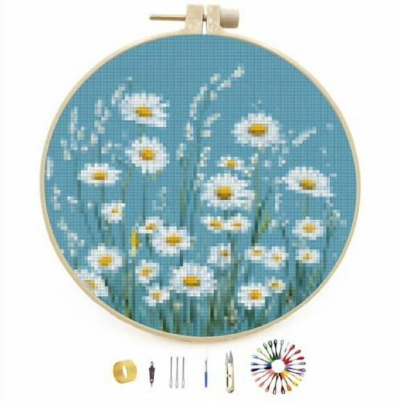 DIY Stamped Cross Stitch Kits Little Wild Daisy Flowers Easy for Beginners with Hoop 11CT Counted Embroidery Needlepoint Crafts Arts for Handmade Enthusiasts and Home Decor 30x30cm(3)